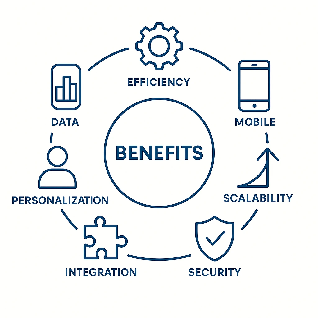 Retail Software Benefits Infographic Infographic showing seven icons for key benefits of custom retail software