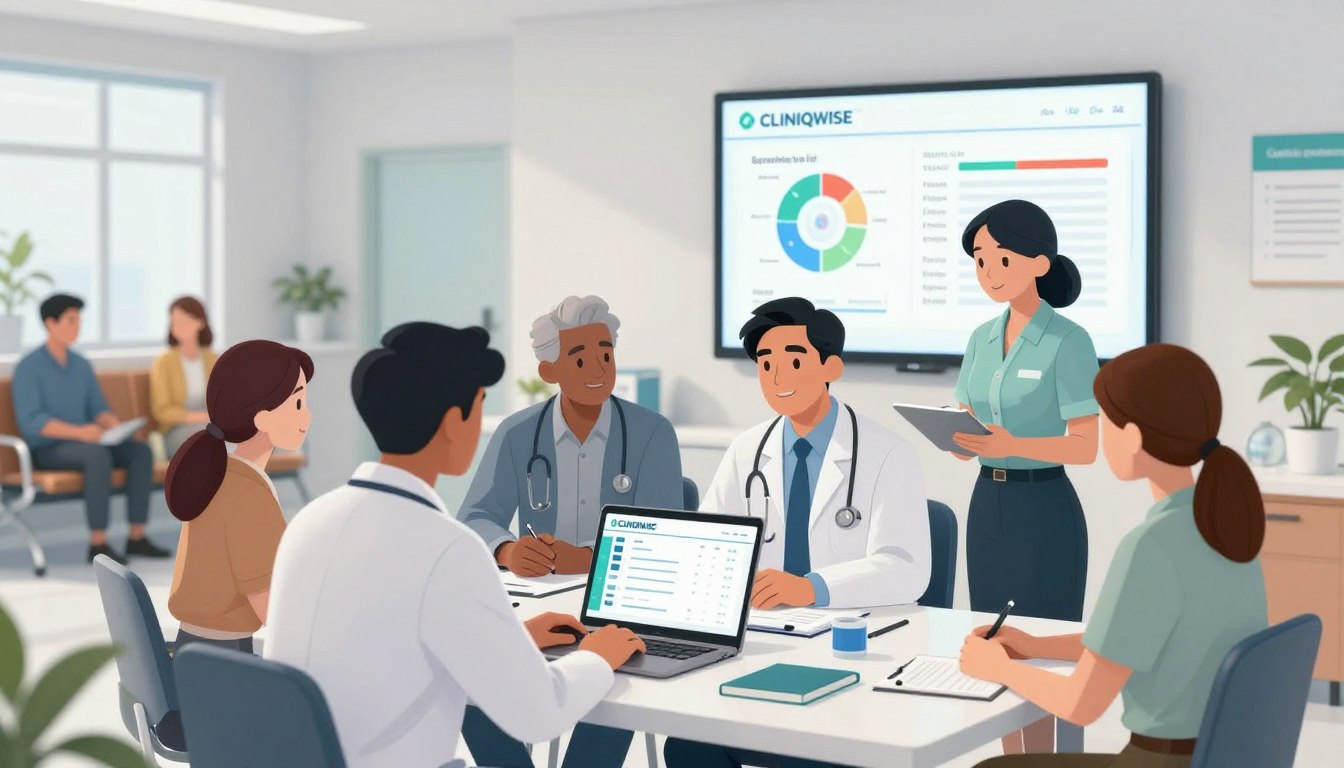 Healthcare professionals reviewing CliniqWise OPD Management Software with an intuitive dashboard for appointments, patient records, and clinic management.