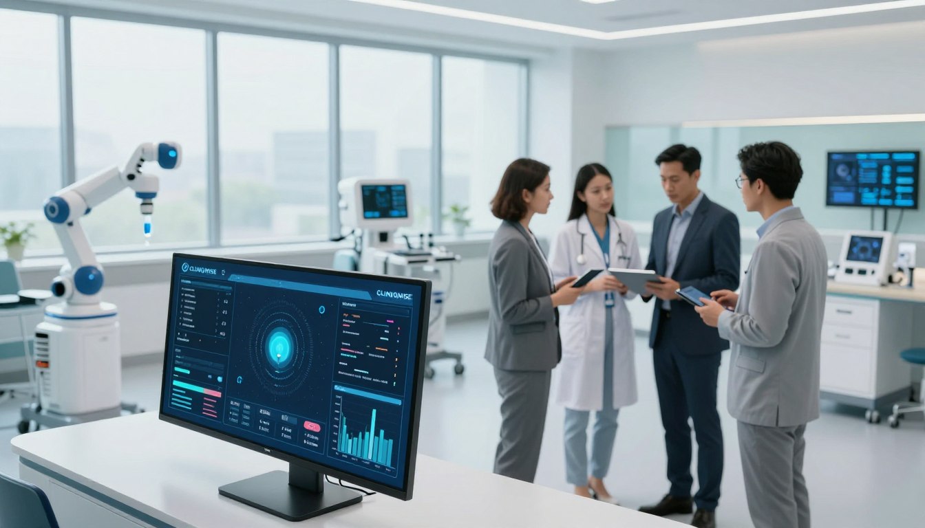 A modern hospital environment showcasing advanced AI automation. In the foreground, a sleek, high-tech digital interface displays patient data and analytics, with intricate graphs and metrics. The middle ground features healthcare professionals in professional business attire engaged in discussions, examining tablets and collaborating on strategic decisions. In the background, large windows reveal a bright, sterile environment with medical equipment seamlessly integrated with AI technology, like robotic assistants and automated medication dispensers. Soft, natural lighting illuminates the space, creating a calm and efficient atmosphere. The brand name "CLINIQWISE" is subtly incorporated into the digital interface. The composition is dynamic, shot from a slightly elevated angle, conveying innovation and advanced healthcare technology.
