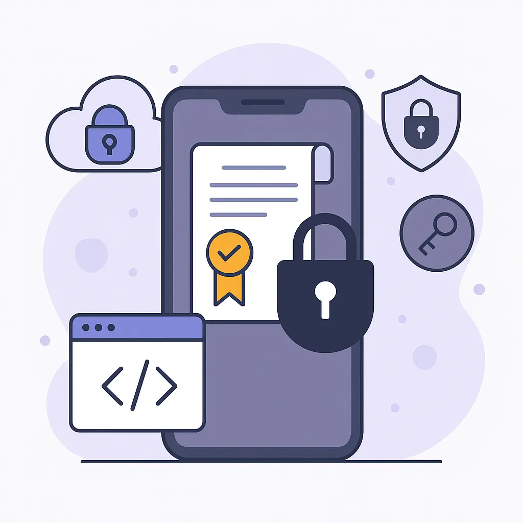 Automated Code Signing Process Illustration of smartphone being digitally signed with secure certificate icons.