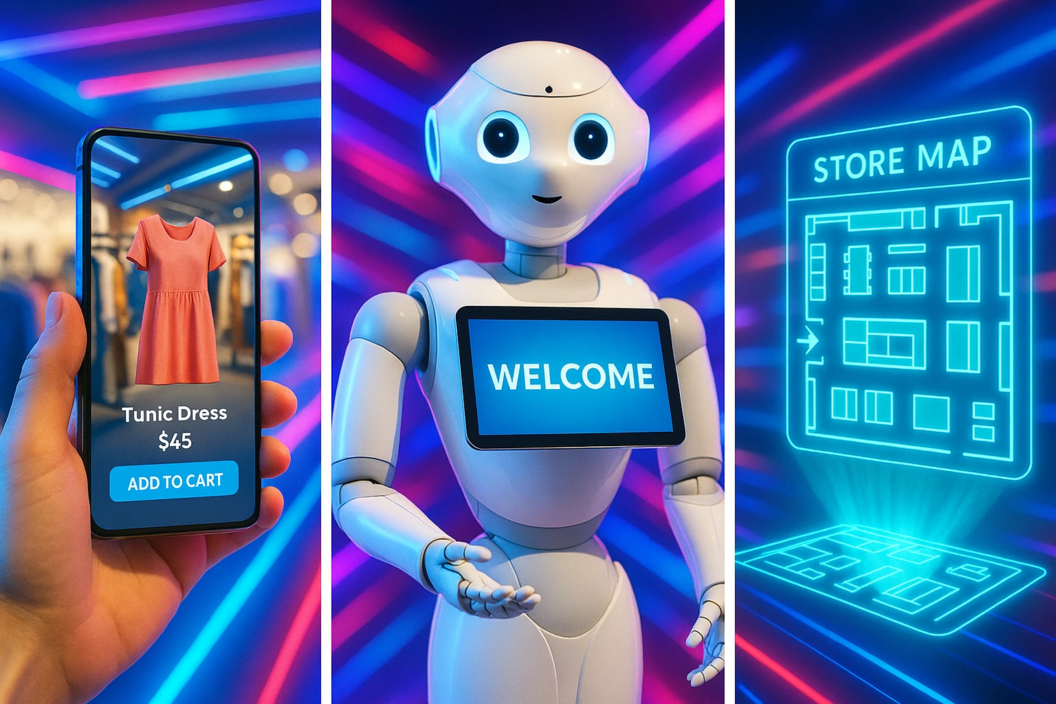 Futuristic Retail Technology Trends Smartphone AR shopping, robot assistant, and holographic store map collage