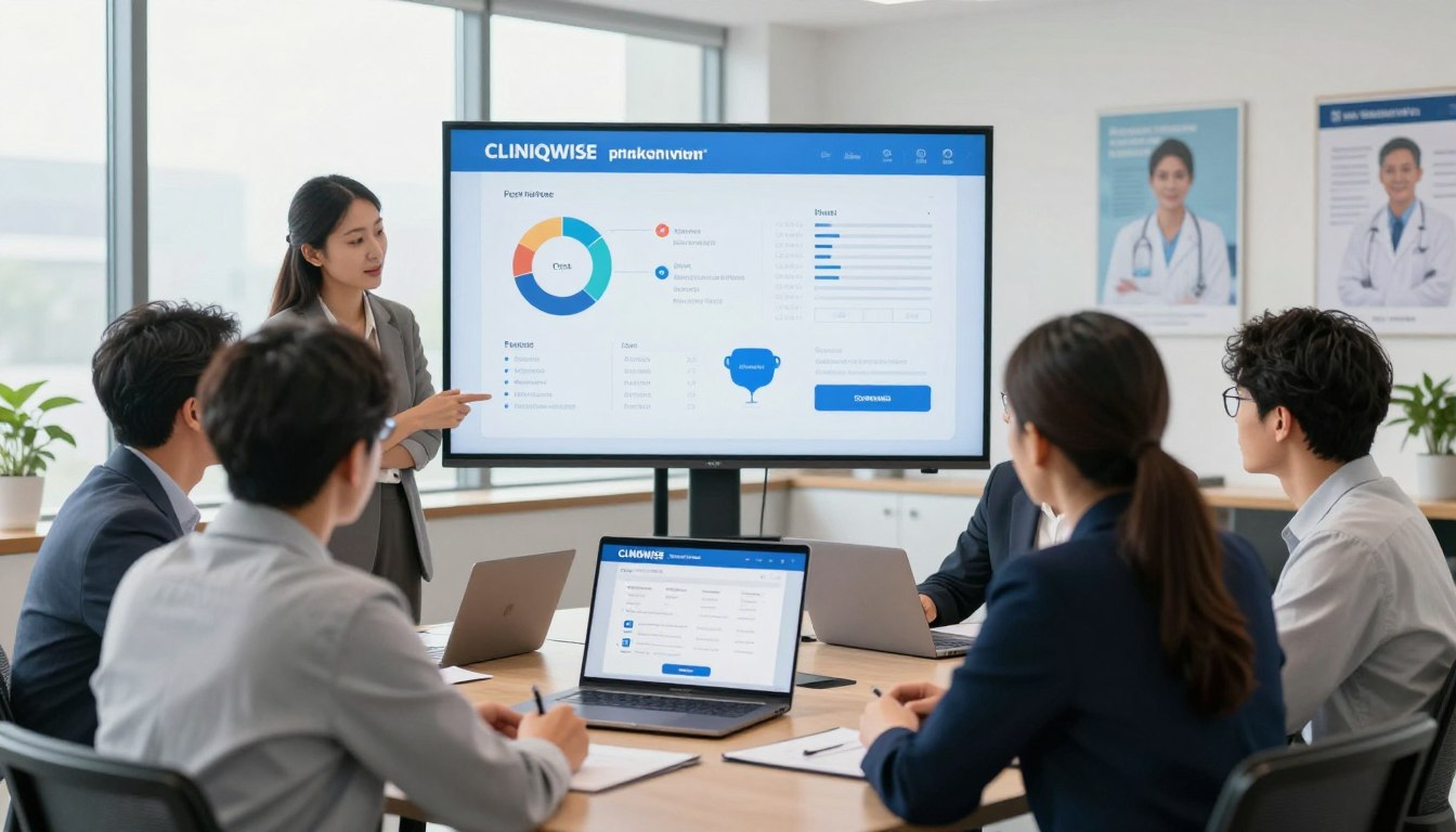 Team presentation showcasing CliniqWise hospital management software dashboard during a healthcare operations meeting.