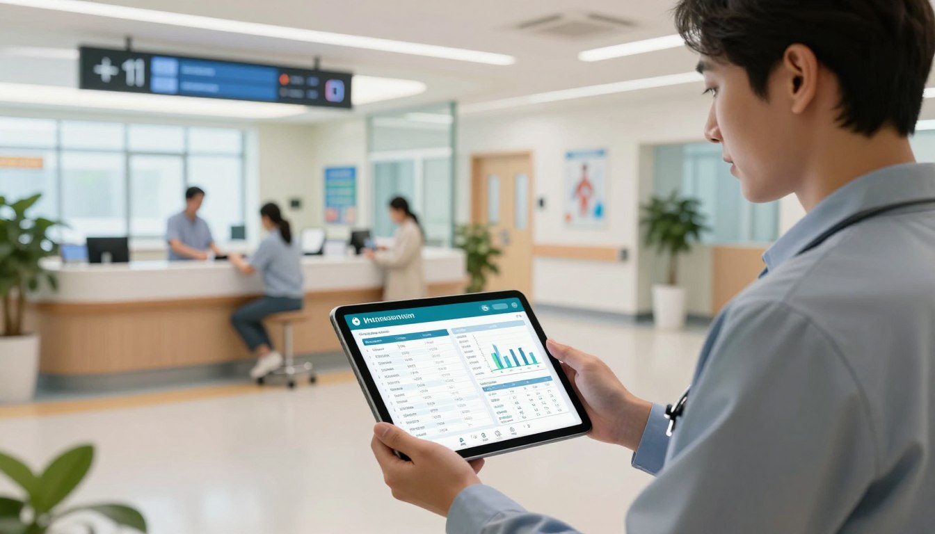 Doctor using hospital management software dashboard on tablet for patient and hospital operations management
