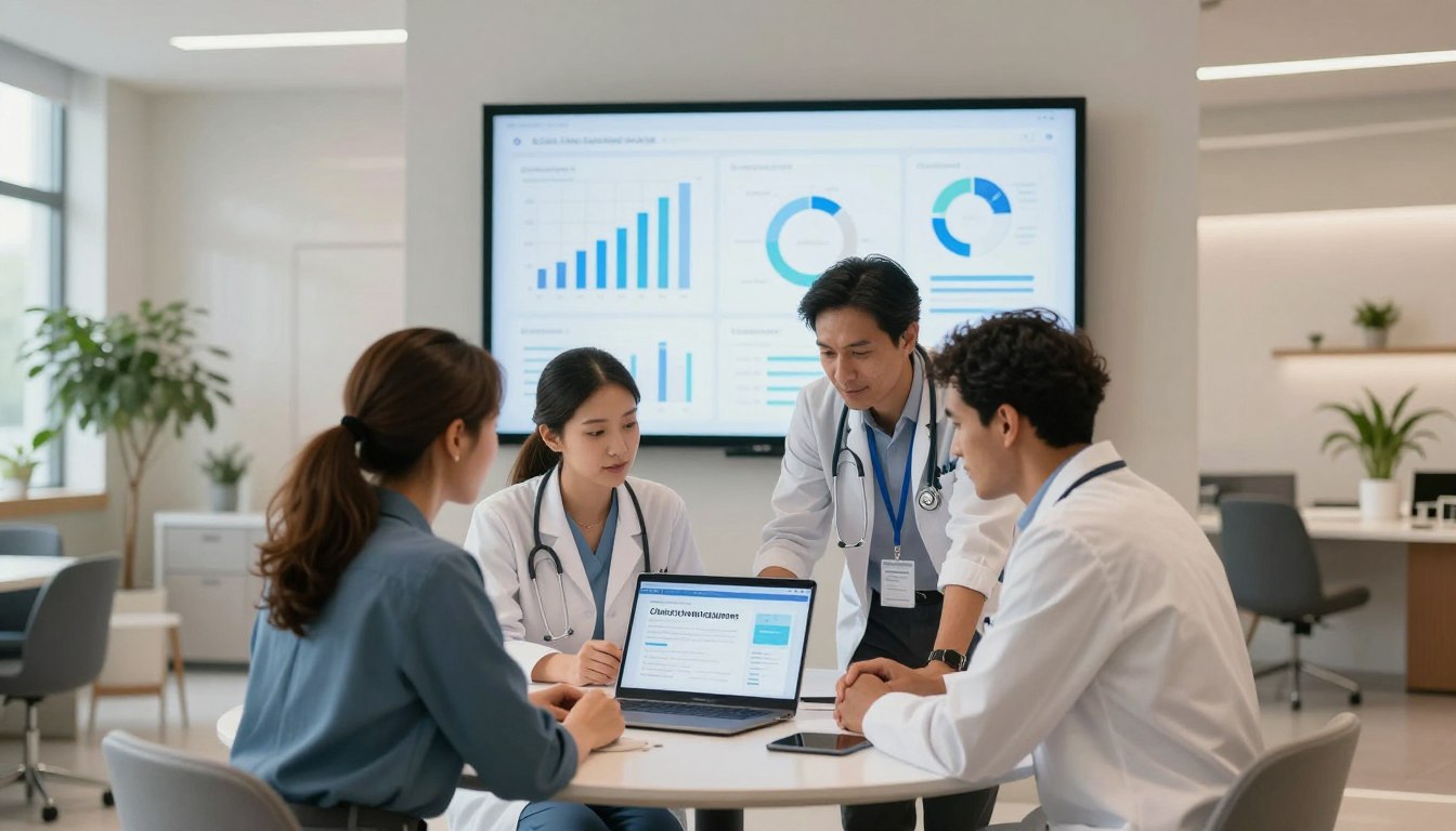 Healthcare professional demonstrating an easy-to-use clinic management software dashboard during staff onboarding.