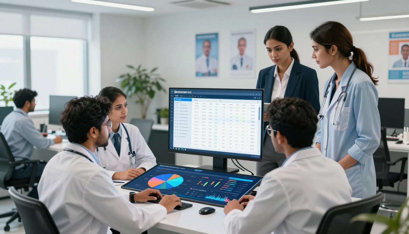 Healthcare team reviewing hospital management software analytics and patient management data.