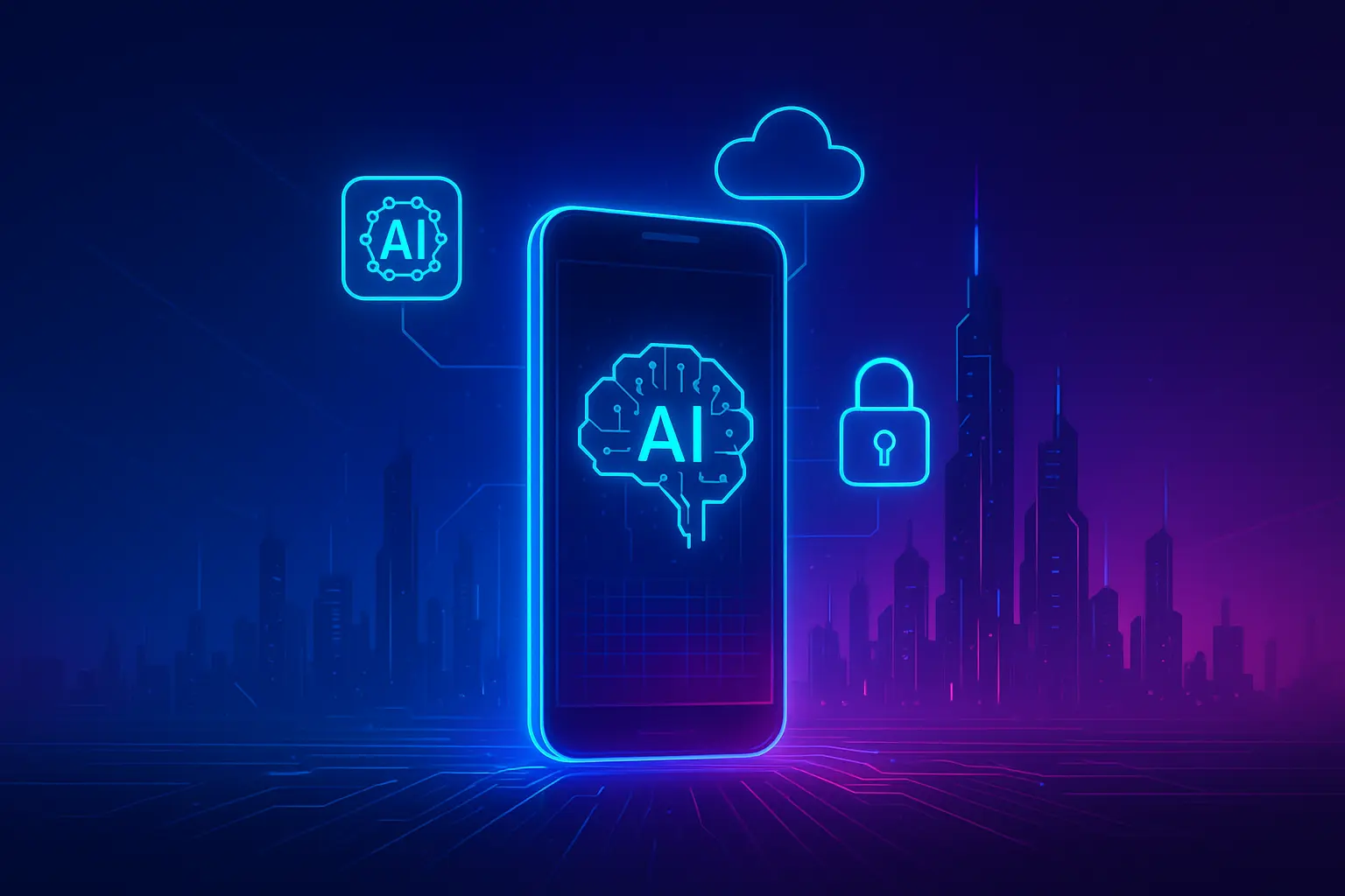 Future of Mobile App Development in Indore Futuristic smartphone with AI, cloud, and security icons symbolizing future mobile app trends in Indore.
