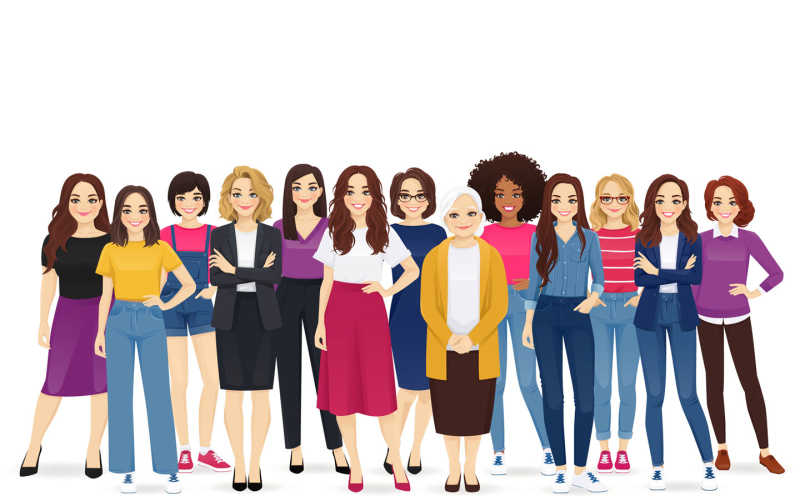 Illustration of diverse women standing shoulder to shoulder