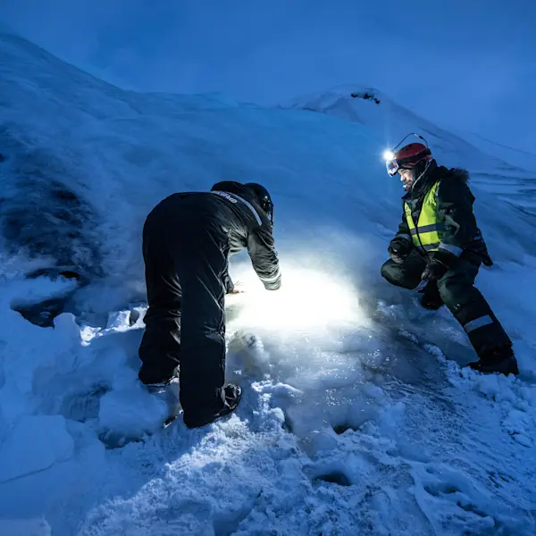 Guide and guest looking at ice together in the dark