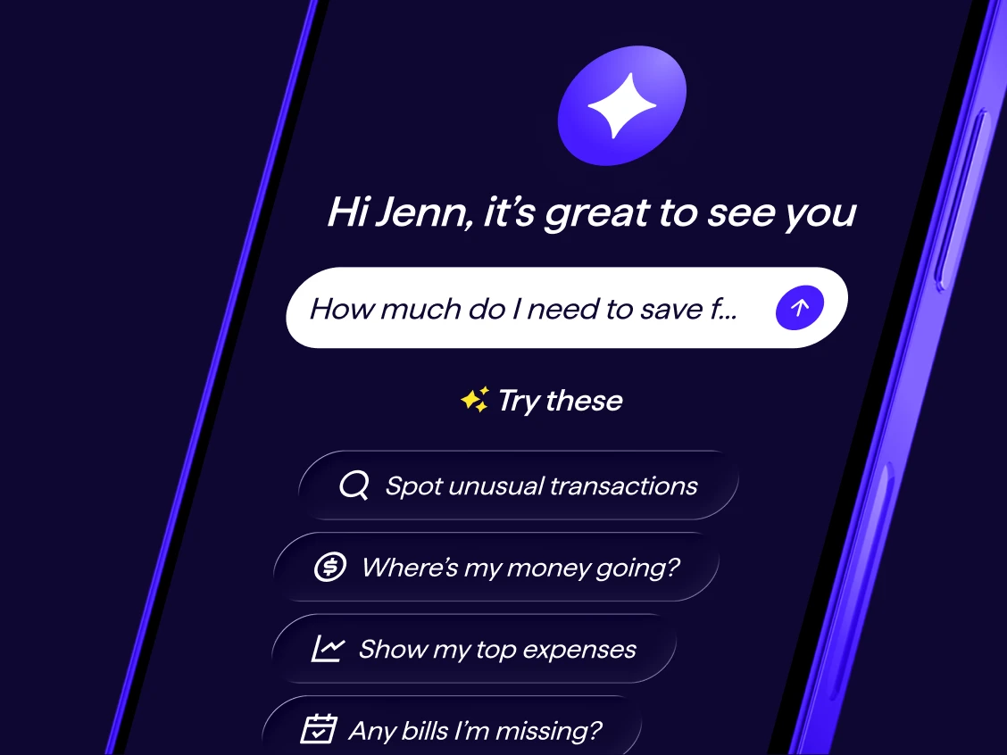 Screenshot of Quicken Assist chat interface with a search bar and suggested prompts including Spot unusual transactions, Where my money is going, and Show my top expenses.