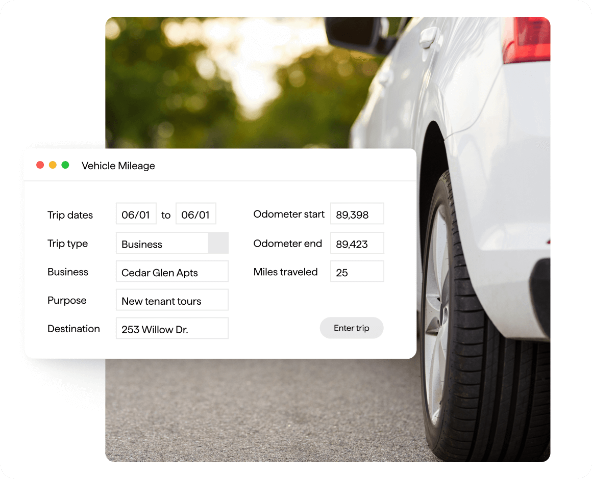 A vehicle mileage entry screen showing trip details—dates, business purpose, destination, odometer start and end values, and miles traveled—overlaid on a close-up photo of a white car parked on a road.