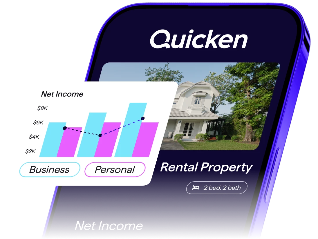Screenshot of Quicken on a smartphone overlaid on a rental property photo, showing a Net Income bar chart split by Business and Personal tabs.