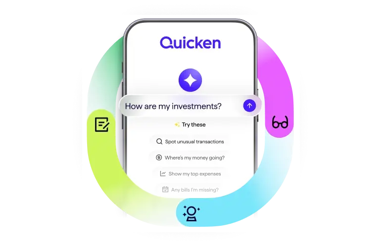 Screenshot of Quicken mobile app with AI assistant prompt reading "How are my investments?" with suggested queries including Spot unusual transactions and Where's my money going?