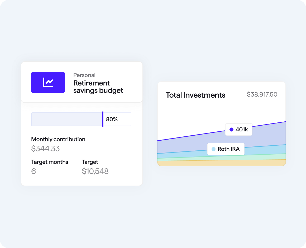 Quicken Simplifi user interface screens for savings goals feature progress bar titled retirement savings budget, as well as a total investments chart
