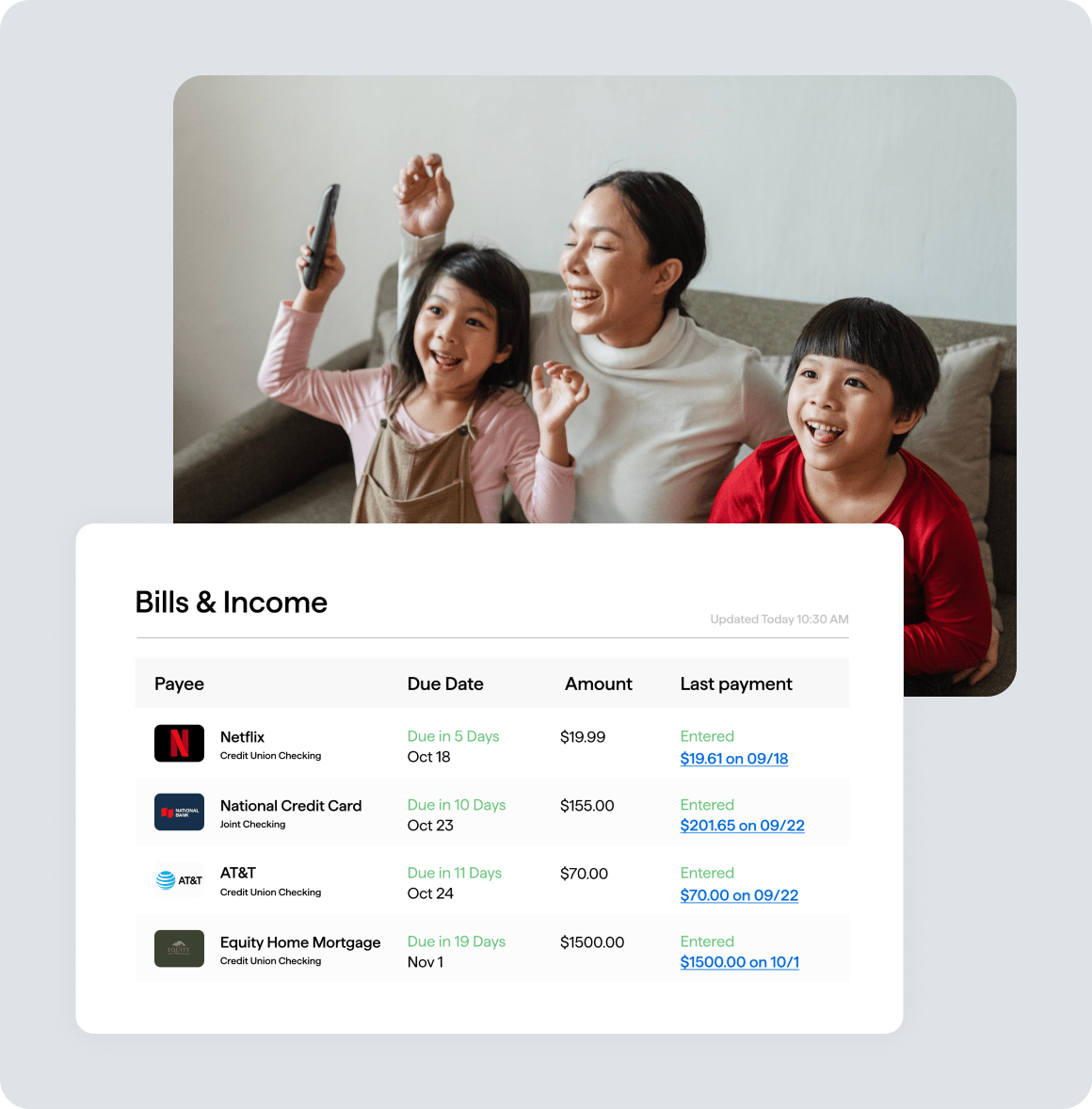 family raising hands with Quicken bills & income list user interface screen overlayed 