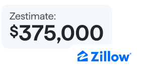 Illustration of a building with a Zillow property value callout of $375,000.
