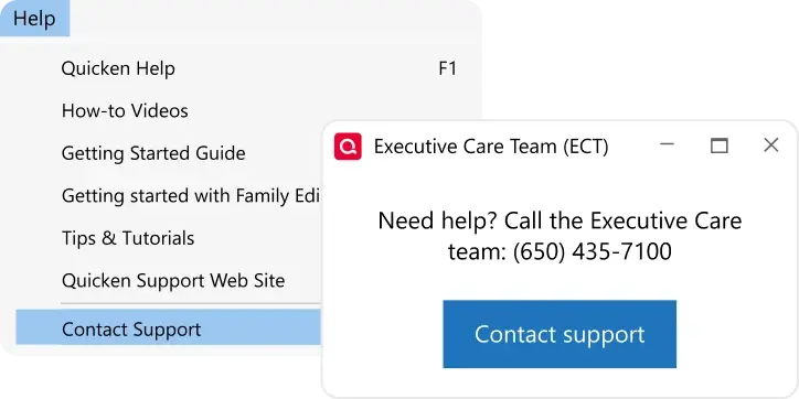 Help menu with ‘Contact Support’ selected, opening an Executive Care Team window that provides a phone number and a ‘Contact support’ button.
