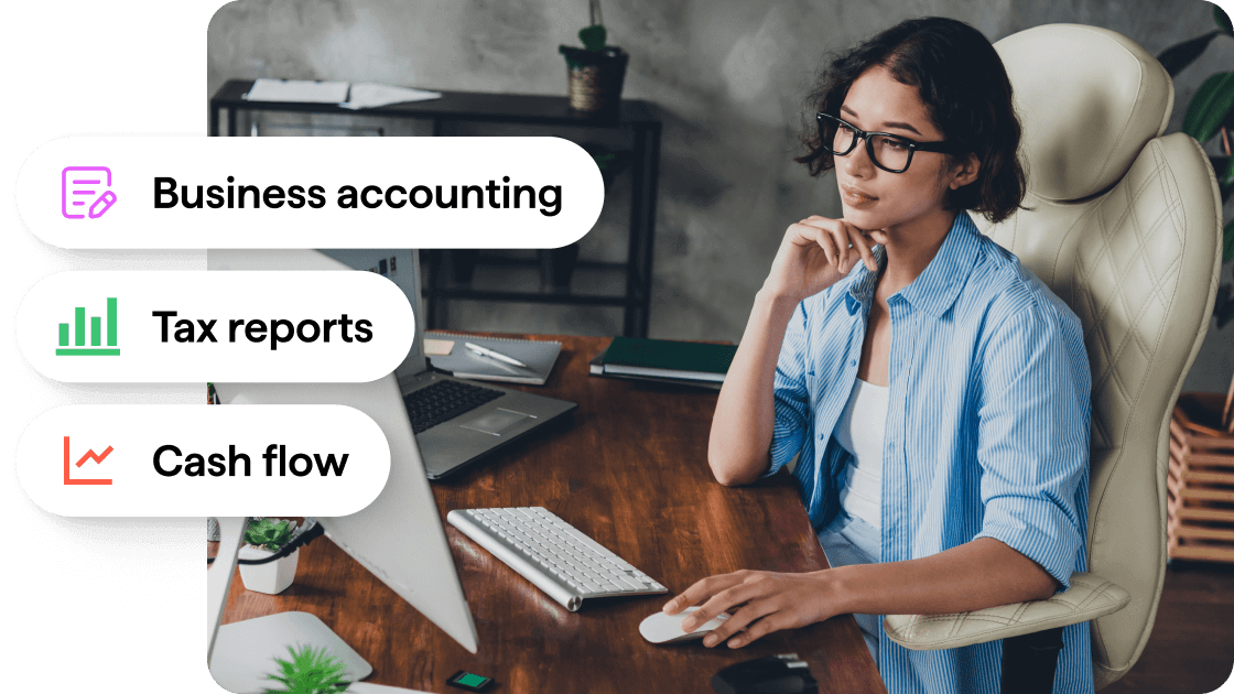Photo of a woman working at a desk on a computer, overlaid with a feature list showing Business accounting, Tax reports, and Cash flow.
