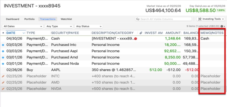 Placeholders Transactions View