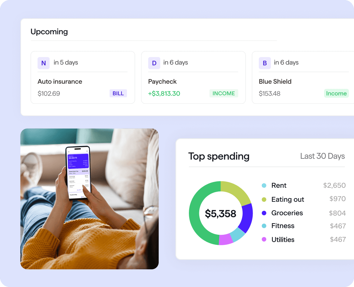 Displays upcoming spending and top spending of a person while she using the mobile app.