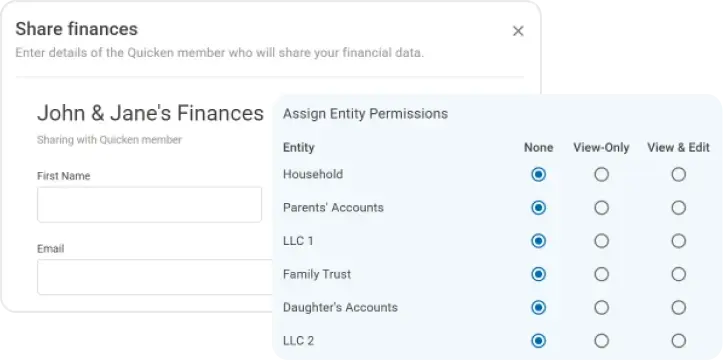 Share finances dialog showing fields to enter a Quicken member’s first name and email, alongside an ‘Assign Entity Permissions’ table with permission options (None, View-Only, View & Edit) for Household, Parents’ Accounts, LLC 1, Family Trust, Daughter’s Accounts, and LLC 2.