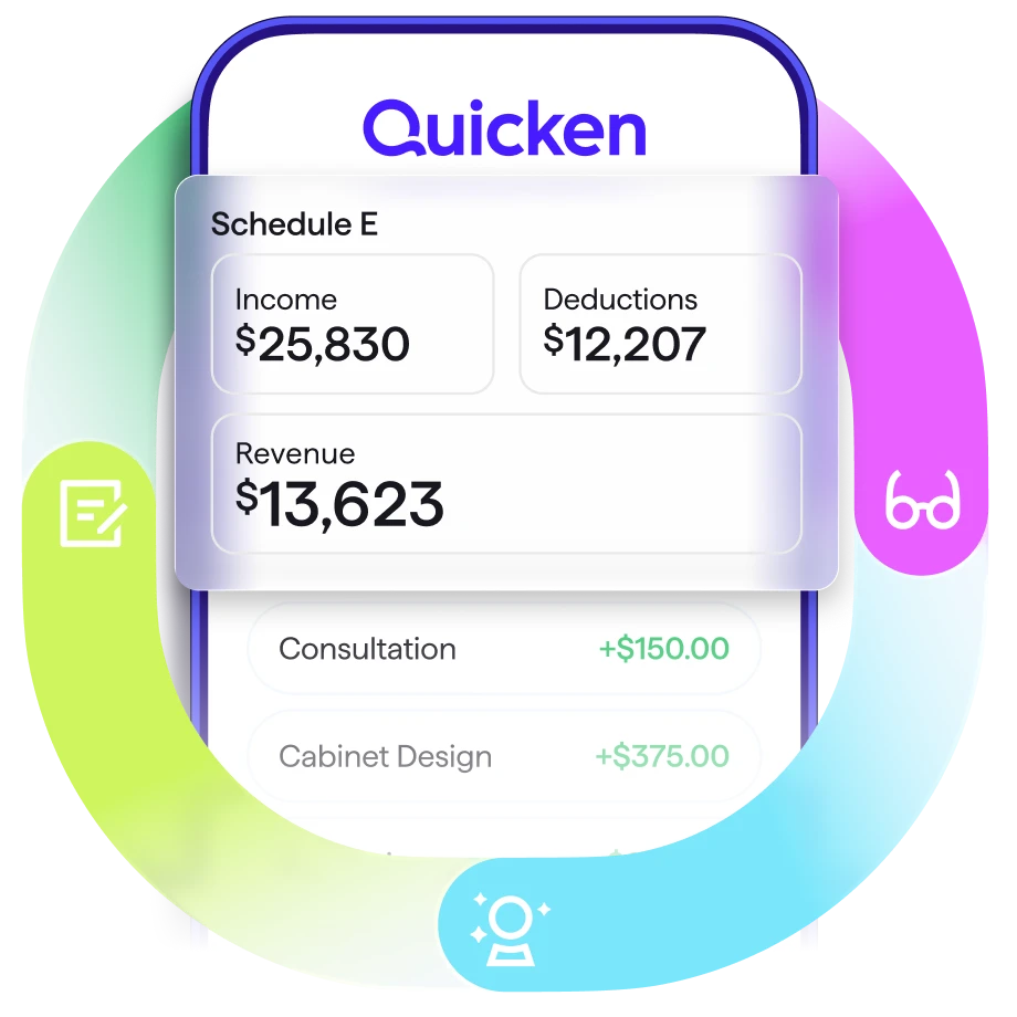 Screenshot of Quicken on a smartphone, surrounded by a colorful circular ring graphic with small icon badges, showing a Schedule E report with Income $25,830, Deductions $12,207, and Revenue $13,623.