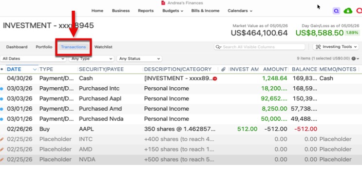 Investment Account Transactions Tab Mac