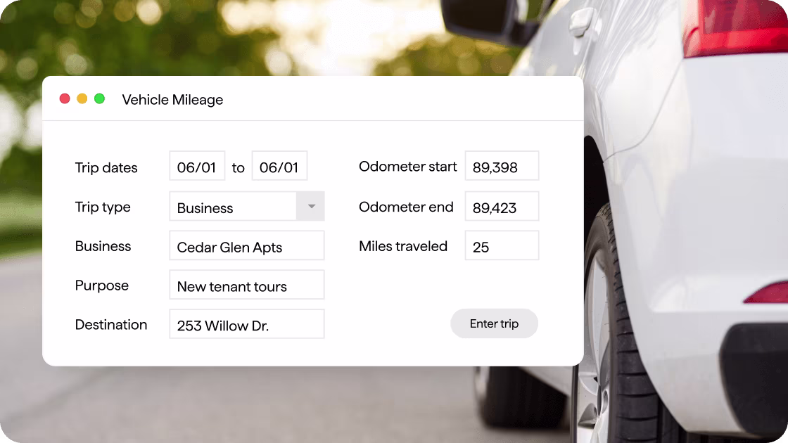 A vehicle mileage entry form showing trip dates, business purpose, destination, odometer readings, and miles traveled, overlaid on a close-up photo of a white car parked on a road.