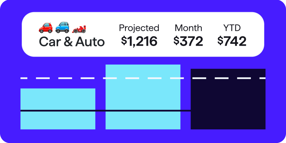 Car & Auto spending summary showing $1,216 projected, $372 spent this month, and $742 year to date, with a bar chart comparing spending amounts over time against a dashed reference line.
