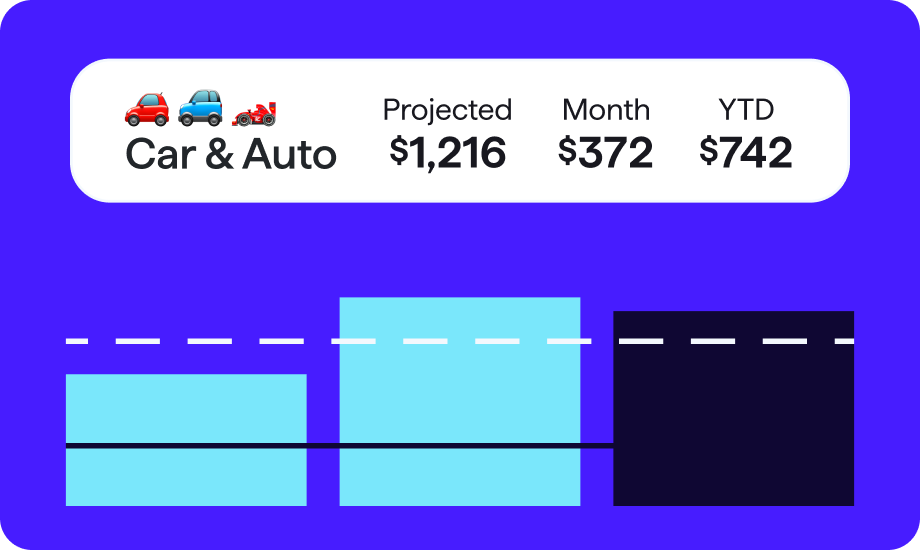 Car & Auto spending summary showing $1,216 projected, $372 spent this month, and $742 year to date, with a bar chart comparing spending amounts over time against a dashed reference line.