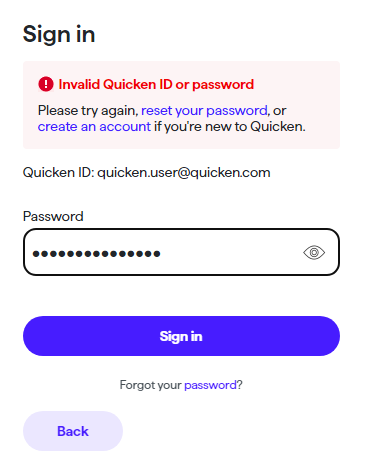 Quicken Signin widget error