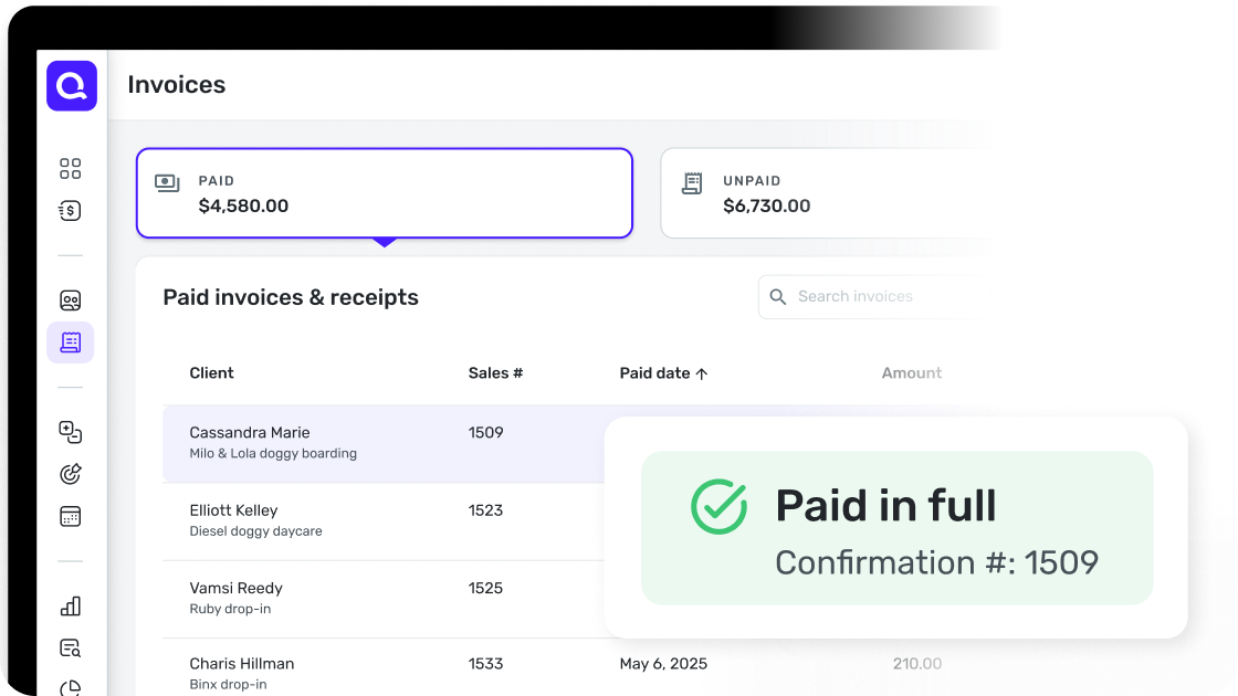 Screenshot of Quicken Invoices dashboard on a laptop showing $4,580 paid and $6,730 unpaid, a list of paid invoices, and a Paid in full confirmation popup.