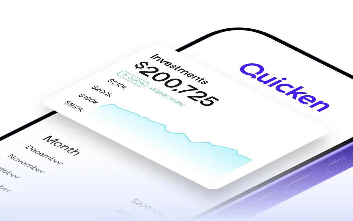 Screenshot of isometric view of the Quicken app showing Investments at $200,725, with a positive trend upward and an increase of 0.92% (+$39.92 today).
Below shows monthly values of total portfolio, December, November, October.