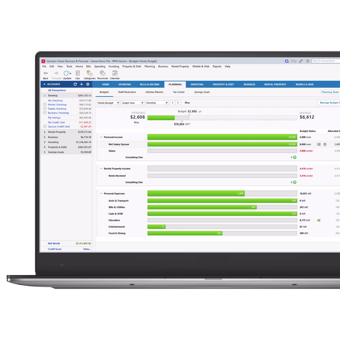 Quicken budget software interface