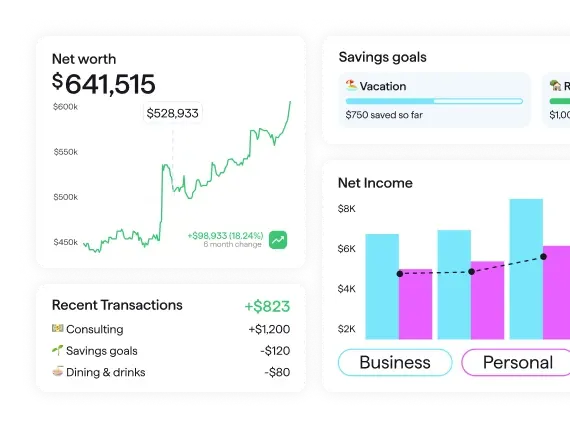 Screenshot of Quicken dashboard showing net worth of $641,515, Savings Goals with Vacation progress, Recent Transactions totaling +$823, and a Net Income chart.