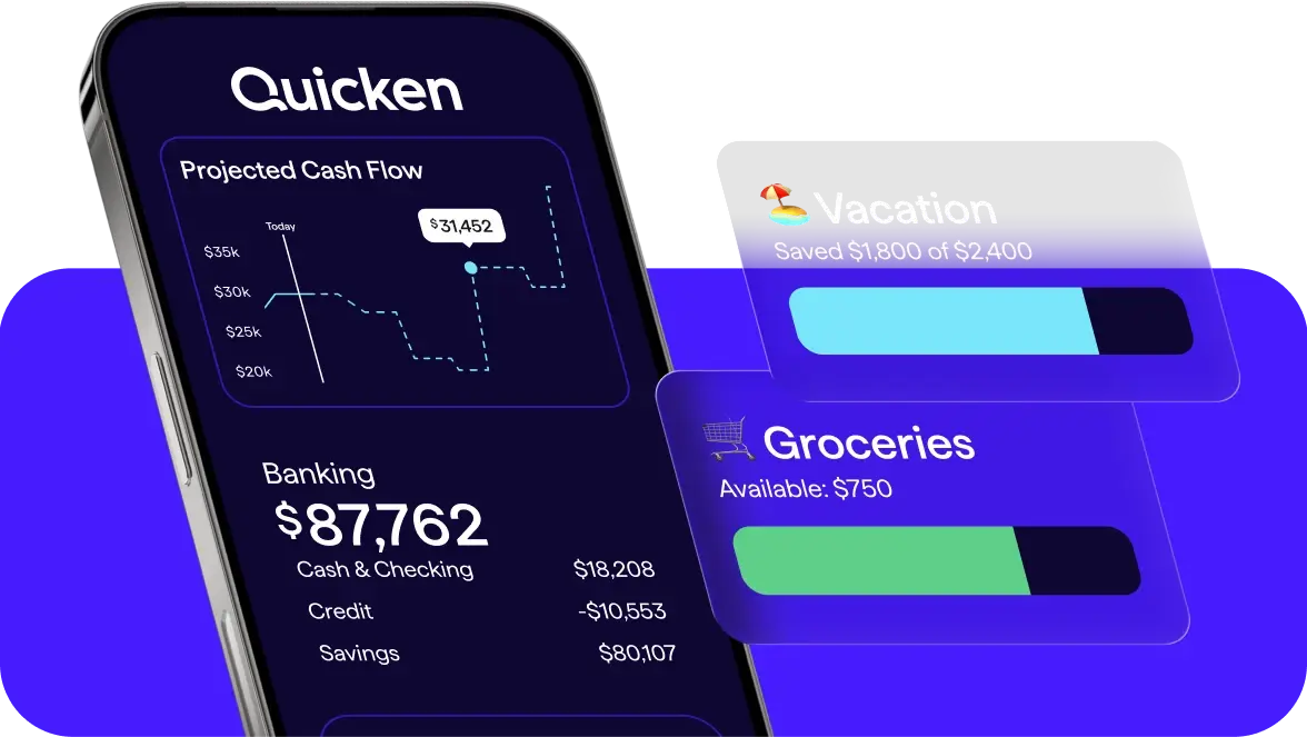 Quicken app screen showing a a cash flow graph, a banking balance of $87,762, and two progress bars showing what a user has saved for vacation and what they have available for groceries.
