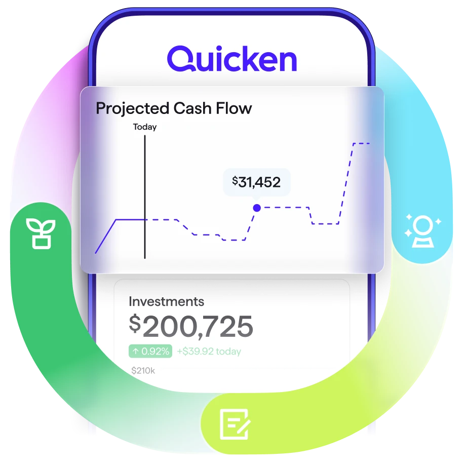 Screenshot of Quicken on a smartphone, surrounded by a colorful circular ring graphic with small icon badges, showing a Projected Cash Flow chart with Investments of $200,725.