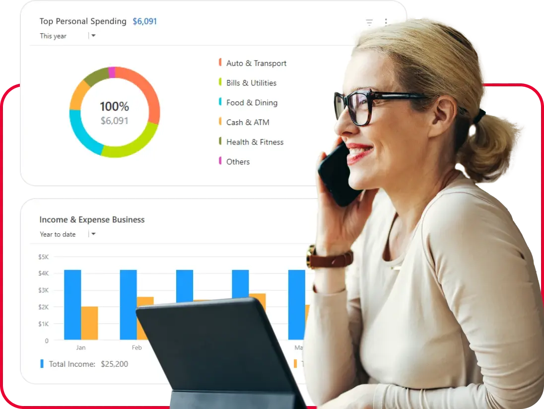 Woman wearing glasses smiles while talking on a phone at a laptop, with finance dashboards showing spending categories and income vs. expenses charts in the background.