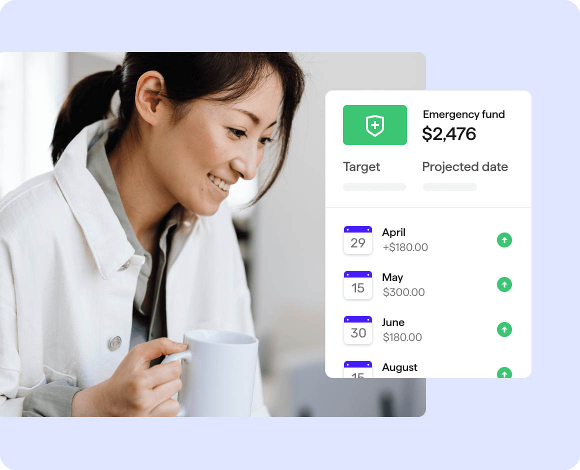 Woman smiling while holding mug and Quicken Emergency fund savings goal user interface feature is overlayed to the right