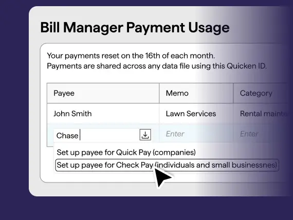 Screenshot of a Bill Manager Payment Usage dialog in Quicken showing a payments table with columns for Payee, Memo, and Category, and options to Set up payee for Quick Pay (companies) and Set up payee for Check Pay (individuals and small businesses).