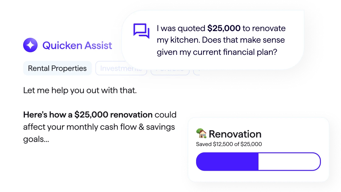 Screenshot of Quicken Assist answering a question about a $25,000 kitchen renovation, showing its projected effect on monthly cash flow and a renovation savings tracker.