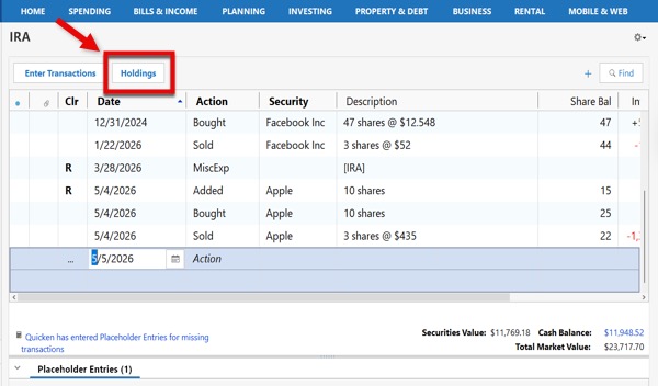 Investments Holdings Button Win