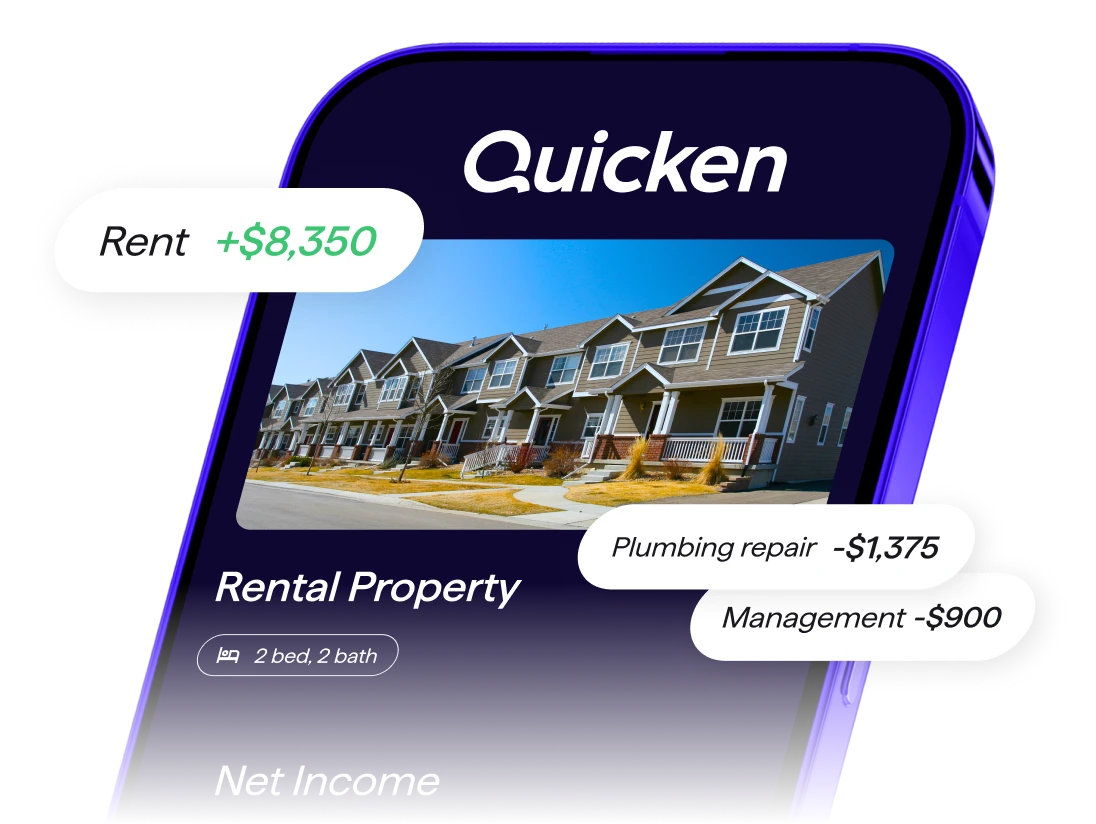 Screenshot of Quicken on a smartphone overlaid on a rental property photo, showing Rent plus $8,350 and Management -$900.