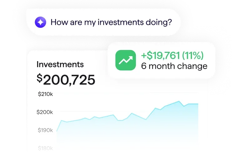 Screenshot of Quicken AI assistant responding to How are my investments doing? showing Investments of $200,725 and +$19,761 (11%) 6 month change.