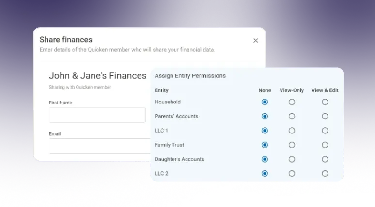 Screenshot of a Share Finances dialog for John and Janes Finances. An Assign Entity Permissions table lists six entities including Household, Parents Accounts, LLC 1, Family Trust, Daughters Accounts, and LLC 2, each with permission options for None, View-Only, and View and Edit.