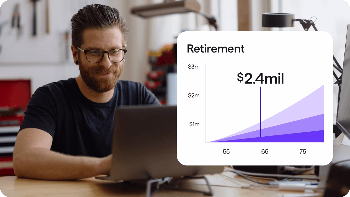 Photo of customer at laptop with Retirement projection chart showing growth from age 55 to 75, reaching $2.4 million at age 65.