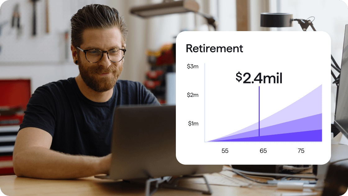 Photo of customer at laptop with Retirement projection chart showing growth from age 55 to 75, reaching $2.4 million at age 65.