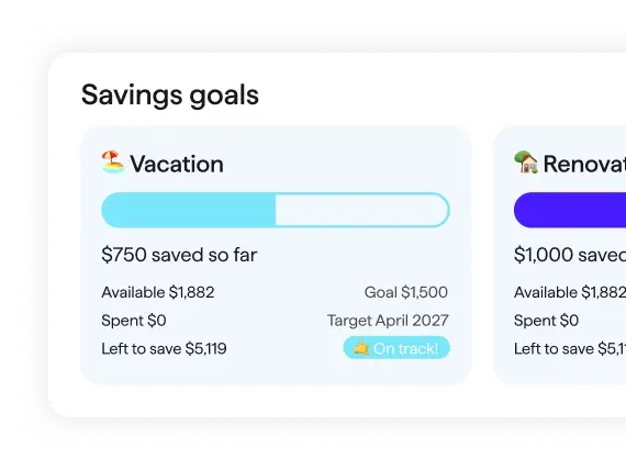Screenshot of Quicken Savings Goals showing Vacation goal with $750 saved toward $1,500 target by April 2027, marked On track.
