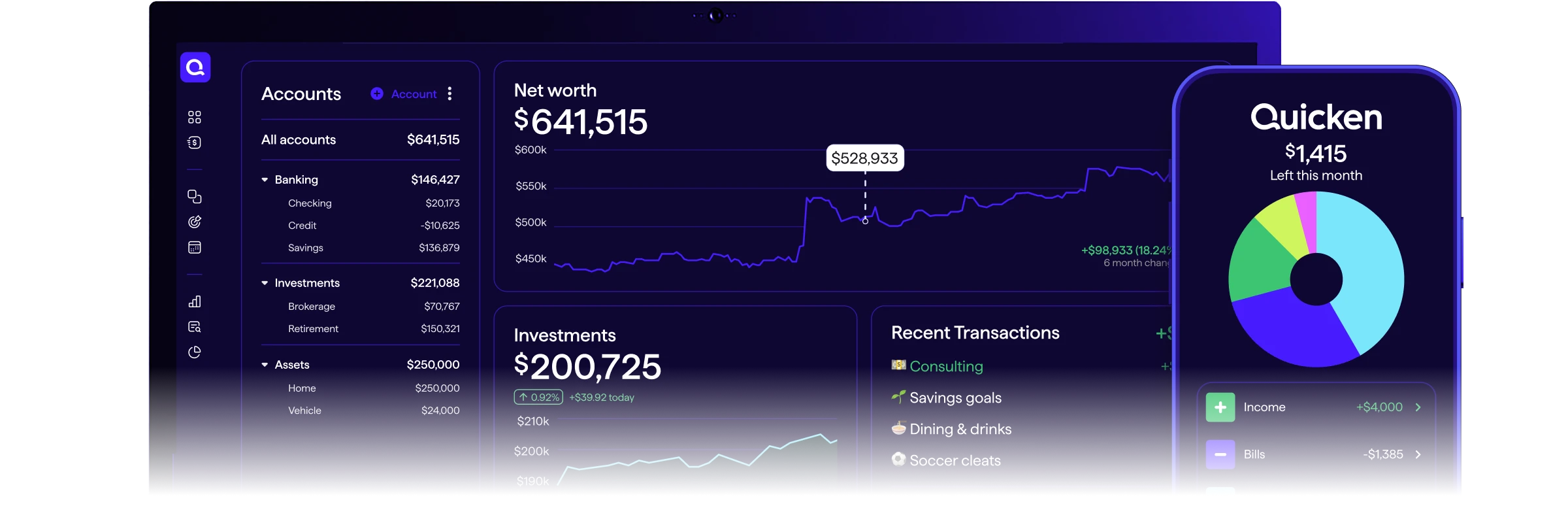Screenshot of Quicken Simplifi showing Net Worth of $641,515 and Investments of $200,725 on a dark dashboard displayed across a laptop and smartphone.