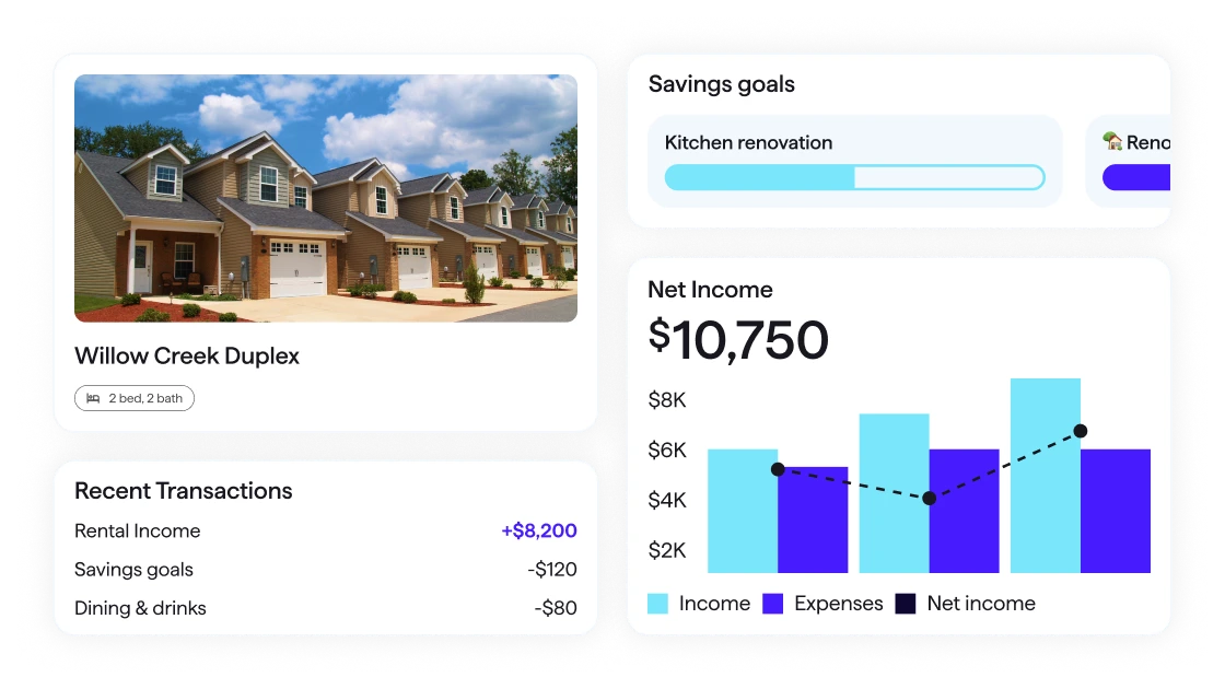 Screenshot of Quicken showing a rental property value of $1,673,421 alongside recent transactions and a net income chart.