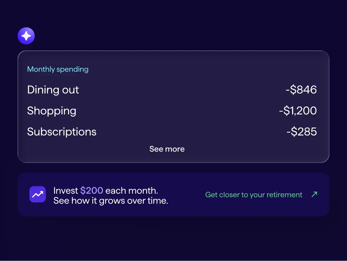 Screenshot of Quicken monthly spending breakdown showing Dining out at $846, Shopping at $1,200, and Subscriptions at $285, plus a prompt to invest $200 each month toward retirement.